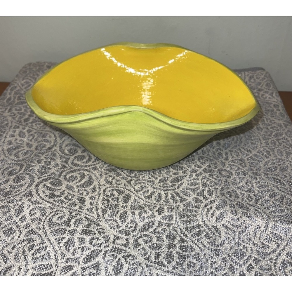 Green And Yellow Studio Pottery Bowl Glazed‎ Signed 10"X 7"